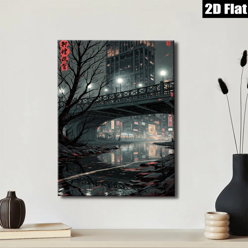 2D flat 1pc Cityscape Reflections Moody Night Urban Wall Art Living Room Bedroom Decor Modern Minimalist Gallery Wrapped Canvas Print Large Size Trending Now