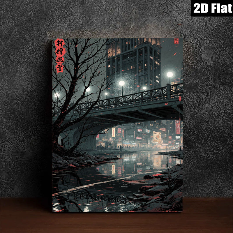 2D flat 1pc Cityscape Reflections Moody Night Urban Wall Art Living Room Bedroom Decor Modern Minimalist Gallery Wrapped Canvas Print Large Size Trending Now