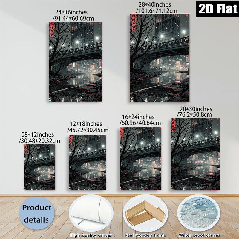 2D flat 1pc Cityscape Reflections Moody Night Urban Wall Art Living Room Bedroom Decor Modern Minimalist Gallery Wrapped Canvas Print Large Size Trending Now