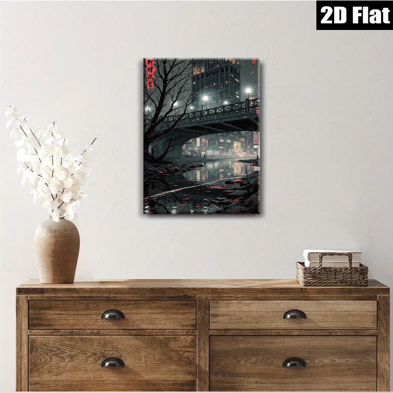 2D flat 1pc Cityscape Reflections Moody Night Urban Wall Art Living Room Bedroom Decor Modern Minimalist Gallery Wrapped Canvas Print Large Size Trending Now