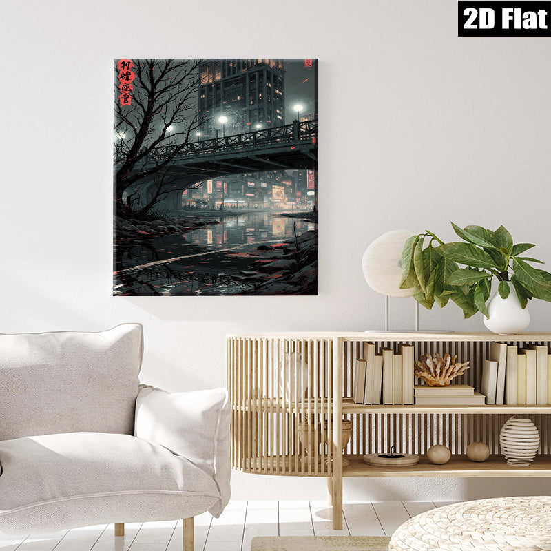 2D flat 1pc Cityscape Reflections Moody Night Urban Wall Art Living Room Bedroom Decor Modern Minimalist Gallery Wrapped Canvas Print Large Size Trending Now