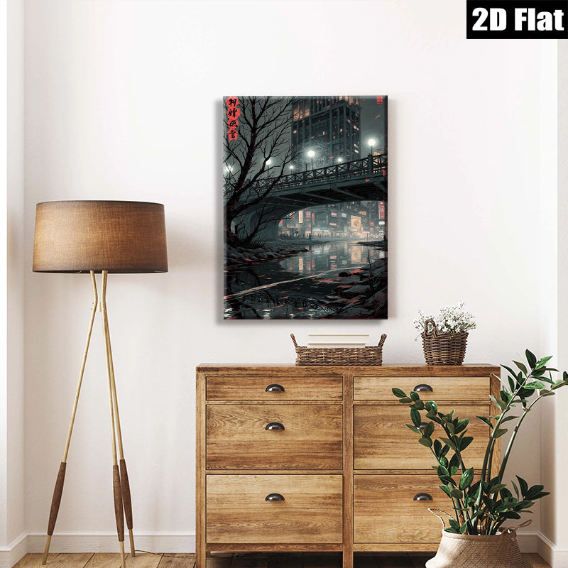 2D flat 1pc Cityscape Reflections Moody Night Urban Wall Art Living Room Bedroom Decor Modern Minimalist Gallery Wrapped Canvas Print Large Size Trending Now