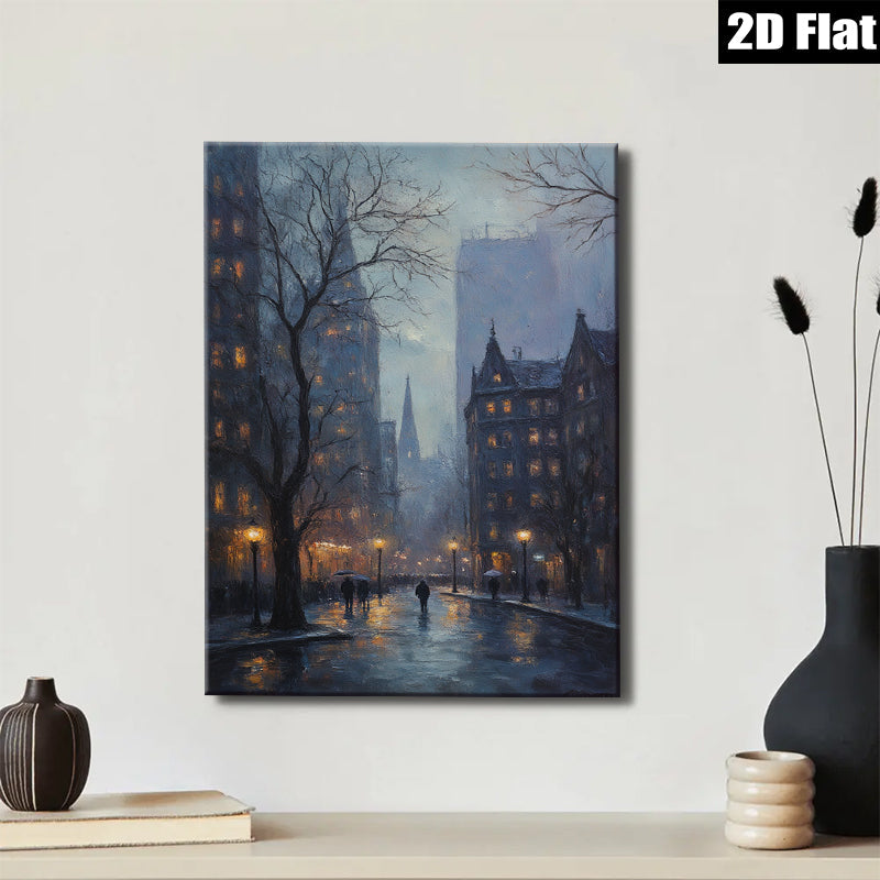 2D flat 1pc Cityscape at Dusk Rainy Street Scene Wall Art for Living Room Bedroom Home Decor Modern Farmhouse Style Canvas Prints Ready to Hang