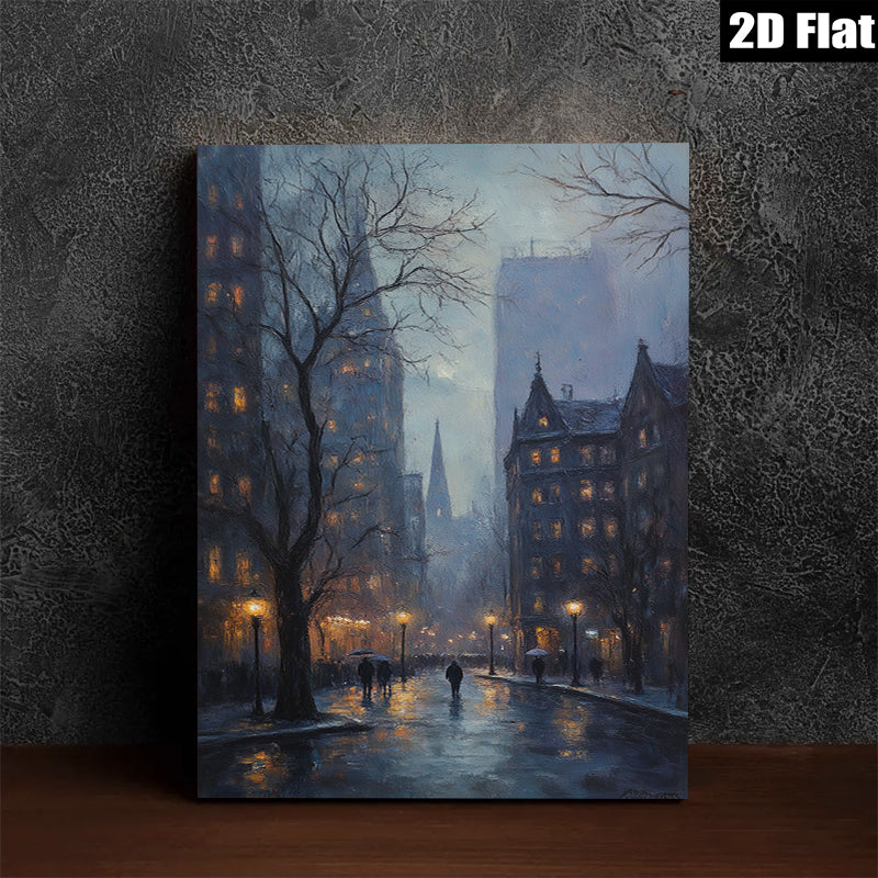 2D flat 1pc Cityscape at Dusk Rainy Street Scene Wall Art for Living Room Bedroom Home Decor Modern Farmhouse Style Canvas Prints Ready to Hang
