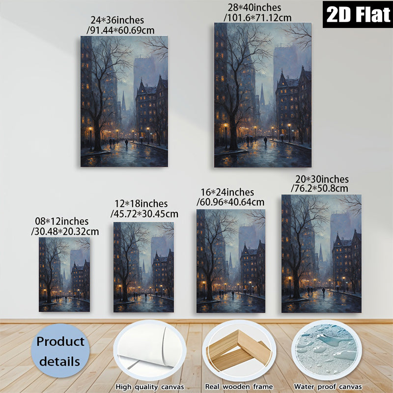 2D flat 1pc Cityscape at Dusk Rainy Street Scene Wall Art for Living Room Bedroom Home Decor Modern Farmhouse Style Canvas Prints Ready to Hang