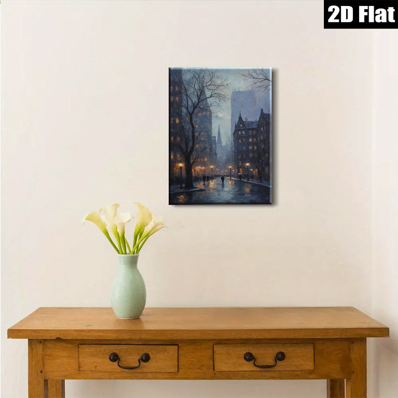 2D flat 1pc Cityscape at Dusk Rainy Street Scene Wall Art for Living Room Bedroom Home Decor Modern Farmhouse Style Canvas Prints Ready to Hang