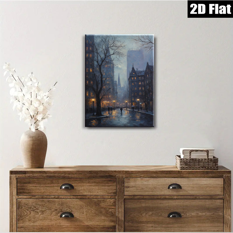 2D flat 1pc Cityscape at Dusk Rainy Street Scene Wall Art for Living Room Bedroom Home Decor Modern Farmhouse Style Canvas Prints Ready to Hang