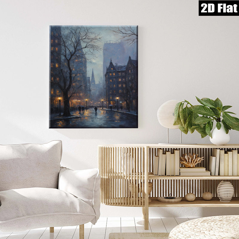 2D flat 1pc Cityscape at Dusk Rainy Street Scene Wall Art for Living Room Bedroom Home Decor Modern Farmhouse Style Canvas Prints Ready to Hang