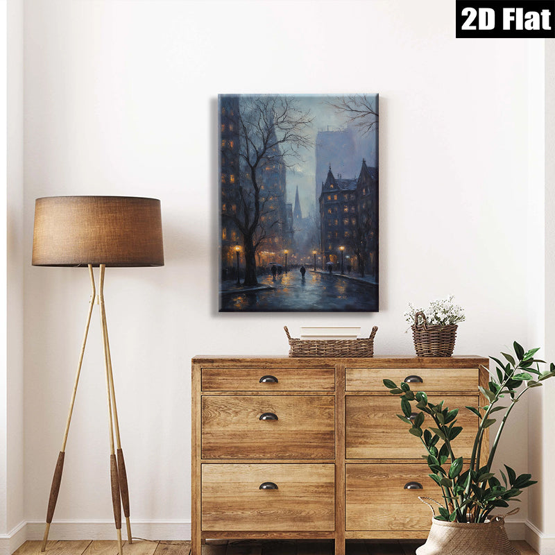 2D flat 1pc Cityscape at Dusk Rainy Street Scene Wall Art for Living Room Bedroom Home Decor Modern Farmhouse Style Canvas Prints Ready to Hang