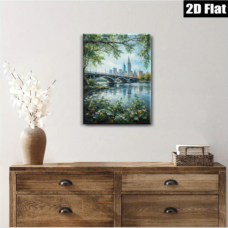 2D flat 1pc Cleveland Ohio Skyline River Landscape Wall Art Modern Farmhouse Decor Living Room Bedroom Office Canvas Prints Ready to Hang Vibrant Colors