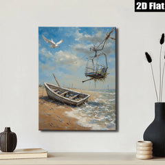 2D flat 1pc Coastal Abandoned Boat Beach Scene Wall Art Living Room Bedroom Decor Modern Farmhouse Rustic Chic Canvas Prints Ready to Hang