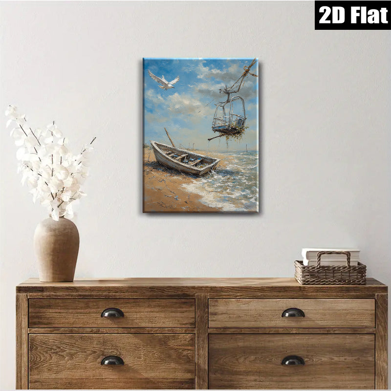2D flat 1pc Coastal Abandoned Boat Beach Scene Wall Art Living Room Bedroom Decor Modern Farmhouse Rustic Chic Canvas Prints Ready to Hang