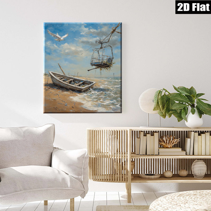 2D flat 1pc Coastal Abandoned Boat Beach Scene Wall Art Living Room Bedroom Decor Modern Farmhouse Rustic Chic Canvas Prints Ready to Hang