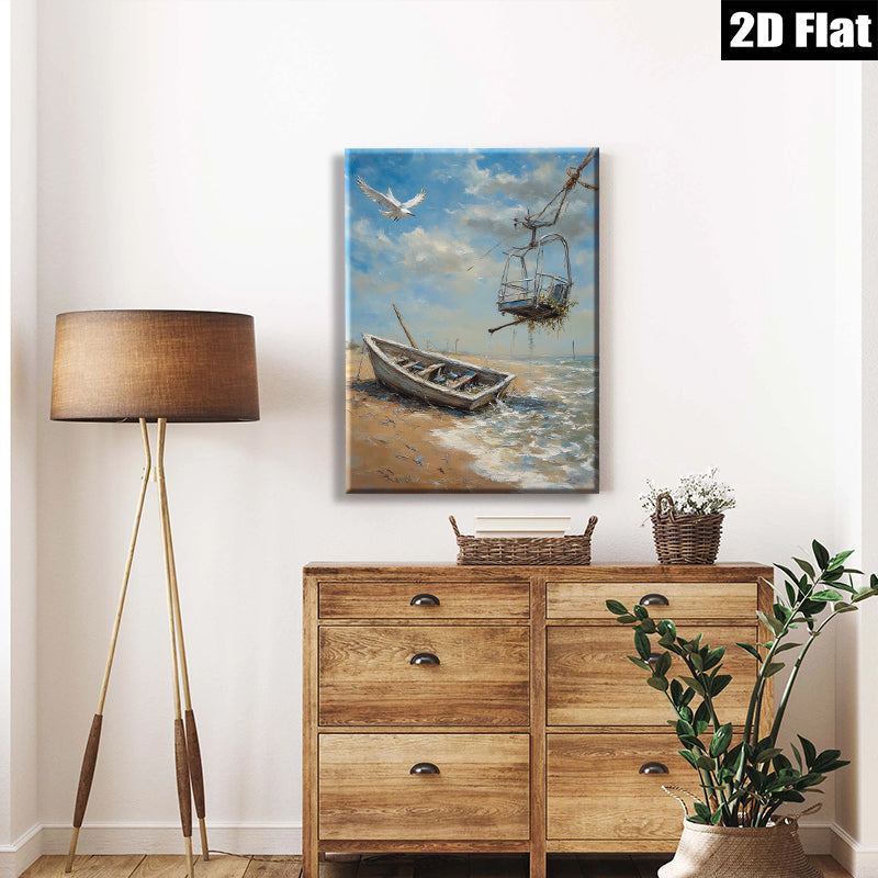 2D flat 1pc Coastal Abandoned Boat Beach Scene Wall Art Living Room Bedroom Decor Modern Farmhouse Rustic Chic Canvas Prints Ready to Hang
