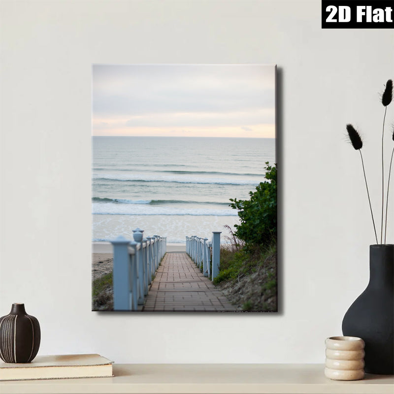 2D flat 1pc Coastal Beach Boardwalk Pathway Ocean View Wall Art Canvas Prints for Living Room Bedroom Home Decor Modern Farmhouse Style Gallery Wrapped