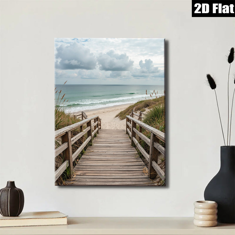2D flat 1pc Coastal Beach Boardwalk Pathway Ocean View Wall Art Living Room Bedroom Decor Farmhouse Rustic Modern Gallery Wrapped Canvas Prints for Home Office Hotel