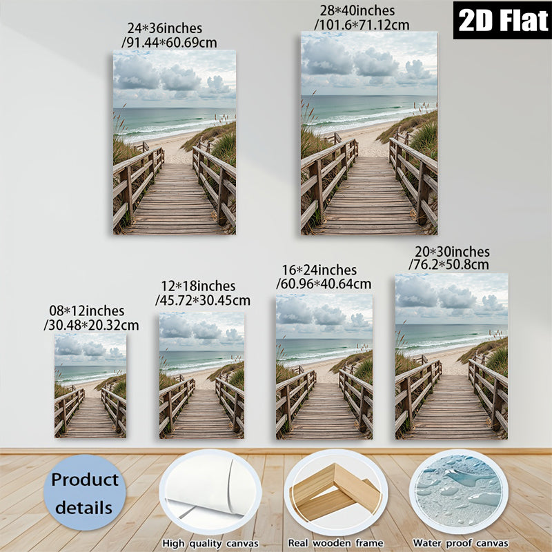 2D flat 1pc Coastal Beach Boardwalk Pathway Ocean View Wall Art Living Room Bedroom Decor Farmhouse Rustic Modern Gallery Wrapped Canvas Prints for Home Office Hotel