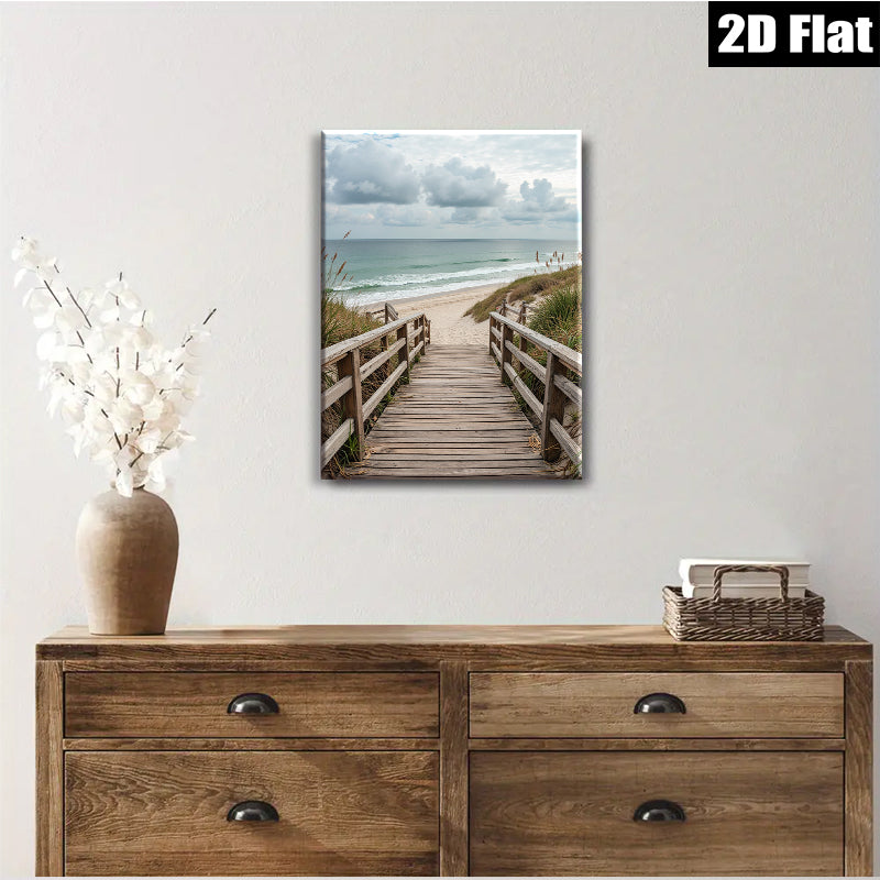 2D flat 1pc Coastal Beach Boardwalk Pathway Ocean View Wall Art Living Room Bedroom Decor Farmhouse Rustic Modern Gallery Wrapped Canvas Prints for Home Office Hotel