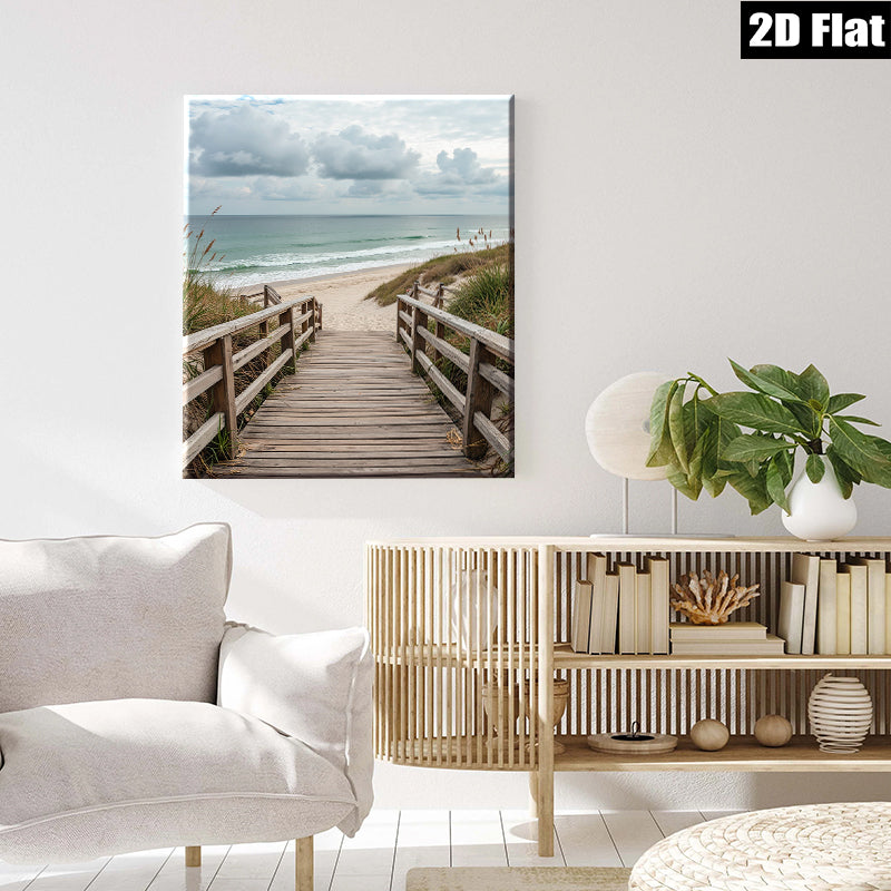 2D flat 1pc Coastal Beach Boardwalk Pathway Ocean View Wall Art Living Room Bedroom Decor Farmhouse Rustic Modern Gallery Wrapped Canvas Prints for Home Office Hotel