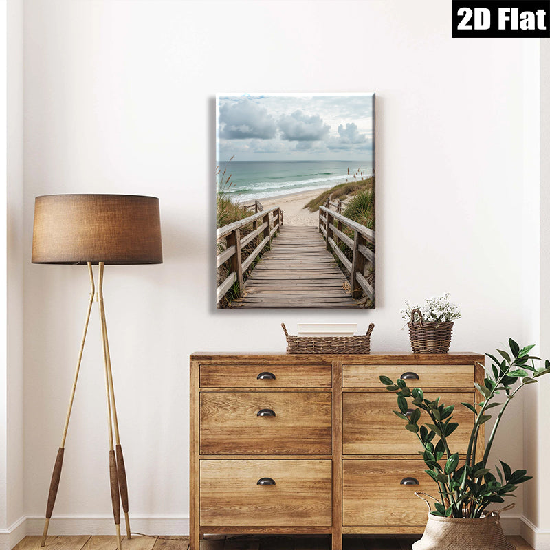 2D flat 1pc Coastal Beach Boardwalk Pathway Ocean View Wall Art Living Room Bedroom Decor Farmhouse Rustic Modern Gallery Wrapped Canvas Prints for Home Office Hotel