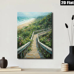2D flat 1pc Coastal Beach Boardwalk Pathway Ocean View Wall Art Living Room Bedroom Decor Farmhouse Style Gallery Wrapped Canvas Prints Ready to Hang Modern Aesthetic