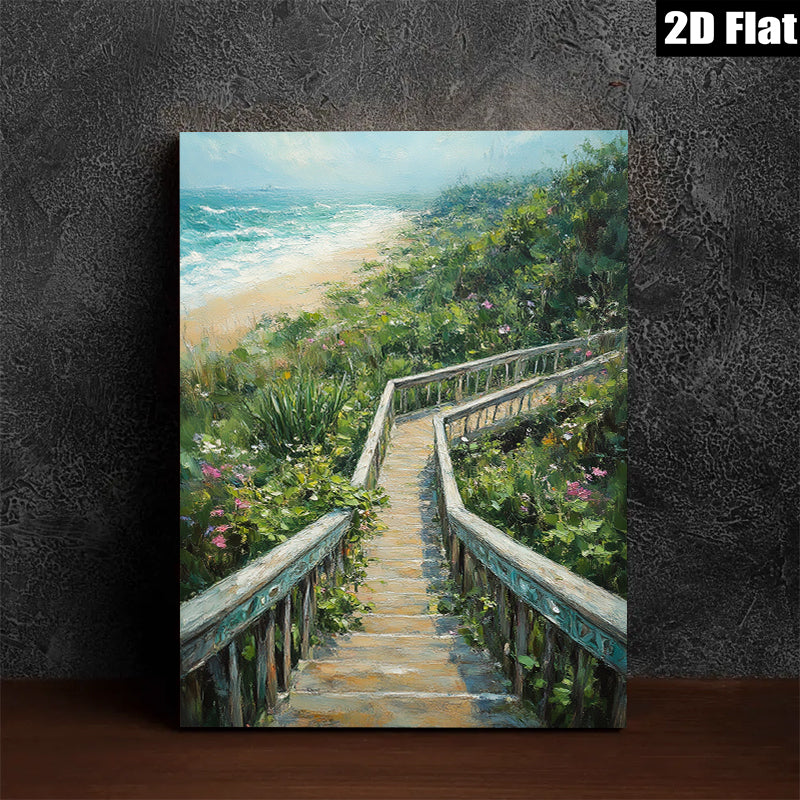 2D flat 1pc Coastal Beach Boardwalk Pathway Ocean View Wall Art Living Room Bedroom Decor Farmhouse Style Gallery Wrapped Canvas Prints Ready to Hang Modern Aesthetic