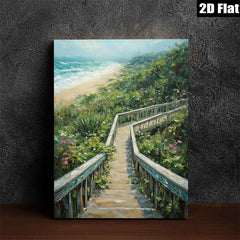 2D flat 1pc Coastal Beach Boardwalk Pathway Ocean View Wall Art Living Room Bedroom Decor Farmhouse Style Gallery Wrapped Canvas Prints Ready to Hang Modern Aesthetic