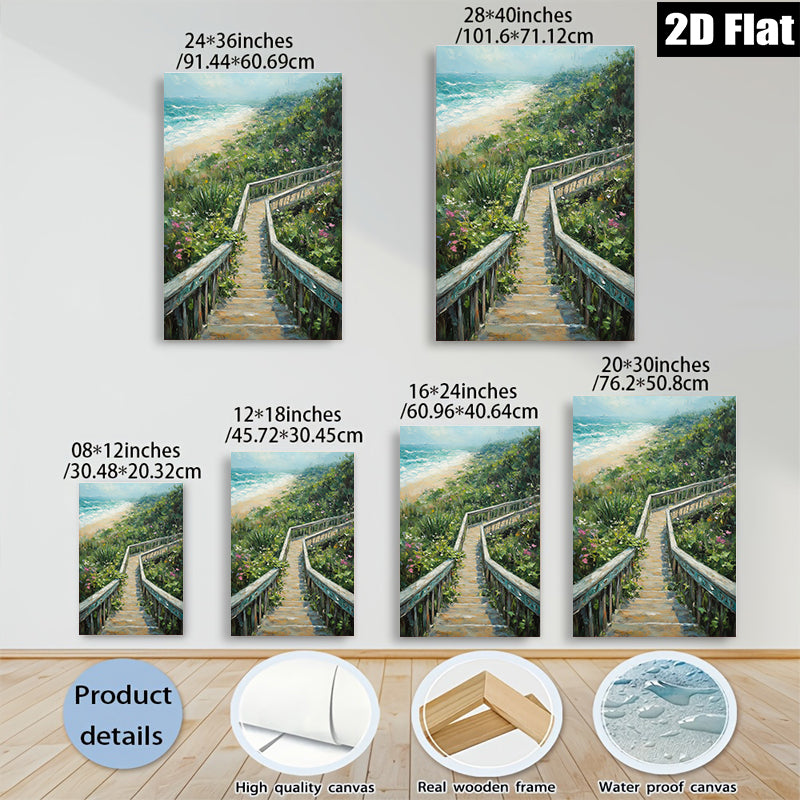 2D flat 1pc Coastal Beach Boardwalk Pathway Ocean View Wall Art Living Room Bedroom Decor Farmhouse Style Gallery Wrapped Canvas Prints Ready to Hang Modern Aesthetic