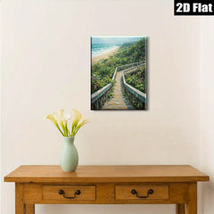 2D flat 1pc Coastal Beach Boardwalk Pathway Ocean View Wall Art Living Room Bedroom Decor Farmhouse Style Gallery Wrapped Canvas Prints Ready to Hang Modern Aesthetic