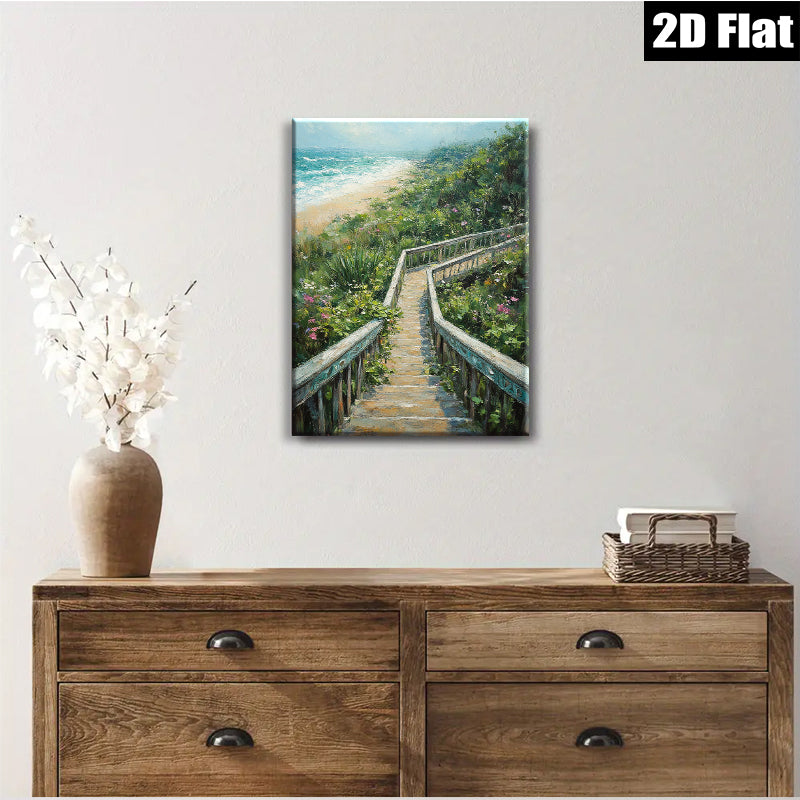 2D flat 1pc Coastal Beach Boardwalk Pathway Ocean View Wall Art Living Room Bedroom Decor Farmhouse Style Gallery Wrapped Canvas Prints Ready to Hang Modern Aesthetic