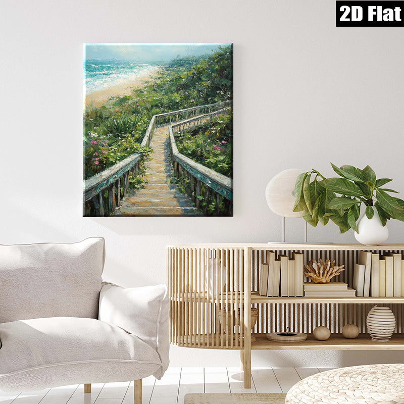 2D flat 1pc Coastal Beach Boardwalk Pathway Ocean View Wall Art Living Room Bedroom Decor Farmhouse Style Gallery Wrapped Canvas Prints Ready to Hang Modern Aesthetic