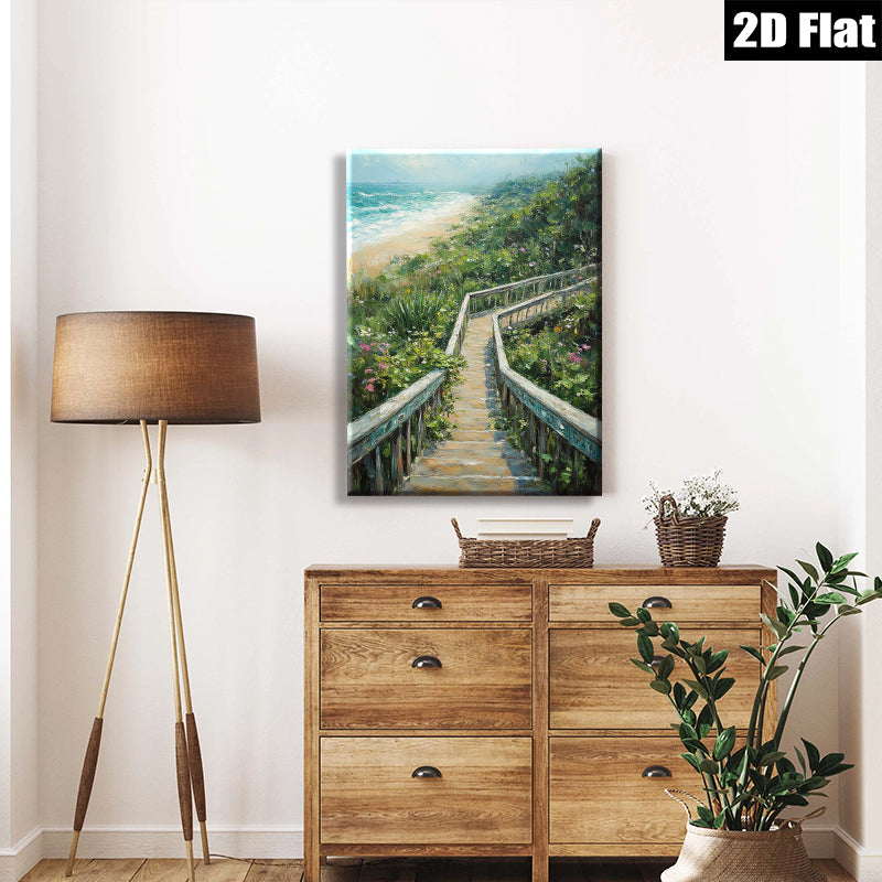 2D flat 1pc Coastal Beach Boardwalk Pathway Ocean View Wall Art Living Room Bedroom Decor Farmhouse Style Gallery Wrapped Canvas Prints Ready to Hang Modern Aesthetic