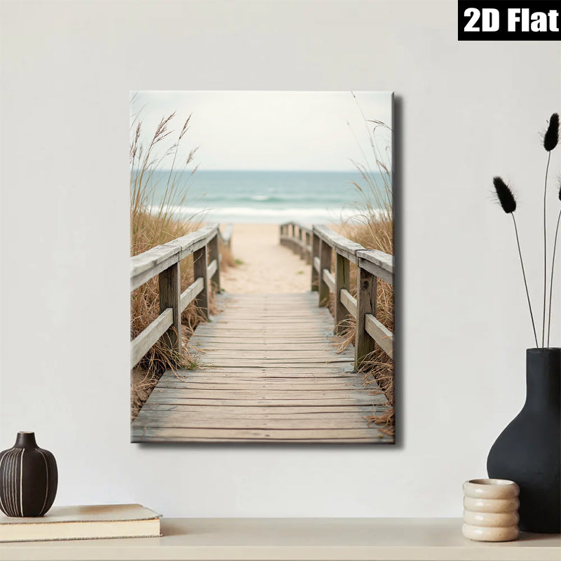 2D flat 1pc Coastal Beach Boardwalk Pathway Ocean View Wall Art Living Room Bedroom Home Decor Farmhouse Rustic Modern Gallery Wrapped Canvas Prints