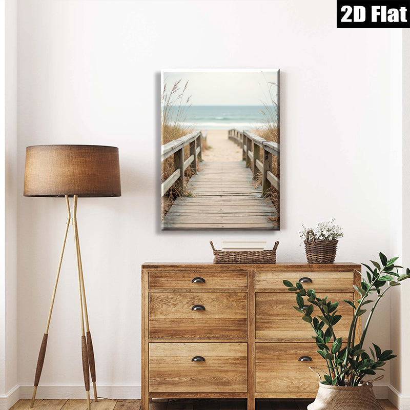 2D flat 1pc Coastal Beach Boardwalk Pathway Ocean View Wall Art Living Room Bedroom Home Decor Farmhouse Rustic Modern Gallery Wrapped Canvas Prints