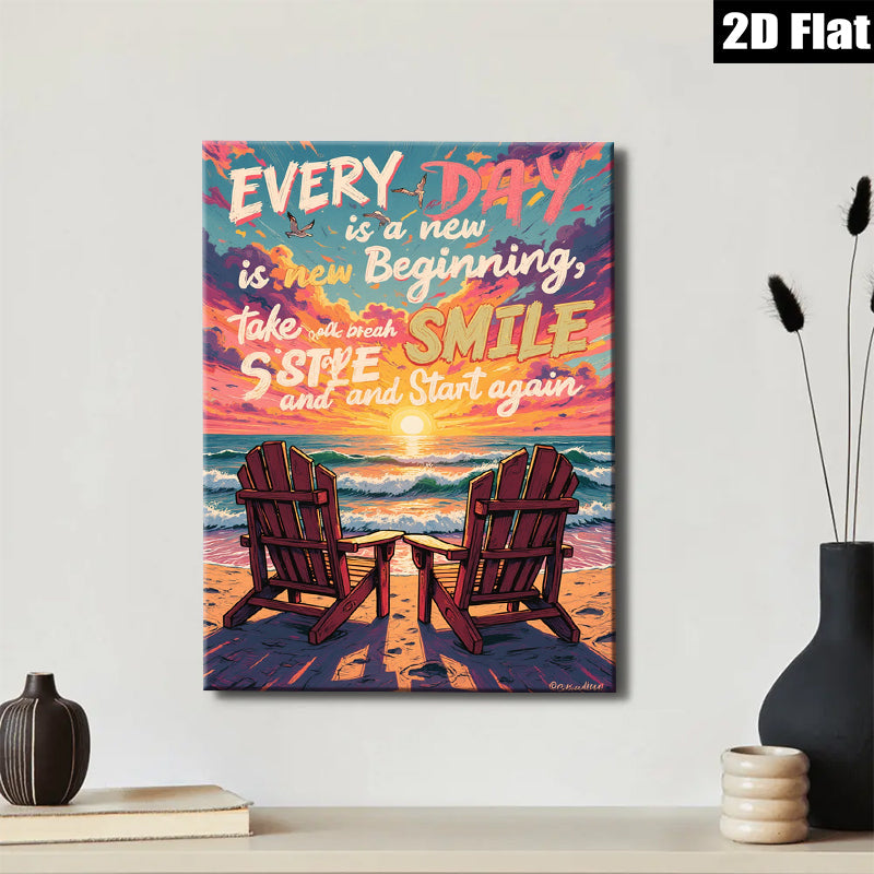 2D flat 1pc Coastal Beach Chairs Sunset Ocean View Wall Art Living Room Bedroom Decor Modern Farmhouse Gallery Wrapped Canvas Prints Ready to Hang Inspirational Home Décor