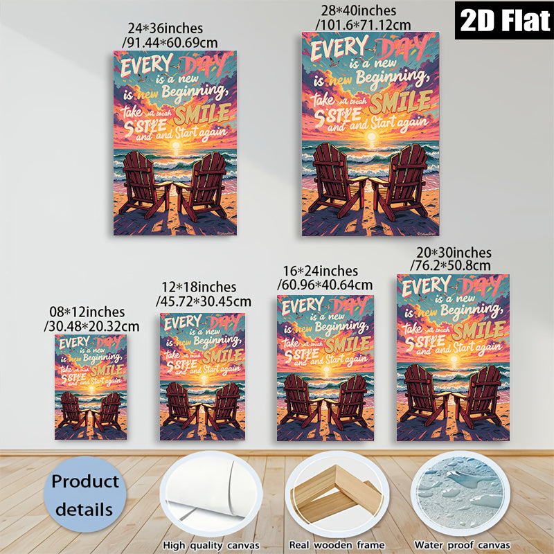 2D flat 1pc Coastal Beach Chairs Sunset Ocean View Wall Art Living Room Bedroom Decor Modern Farmhouse Gallery Wrapped Canvas Prints Ready to Hang Inspirational Home Décor