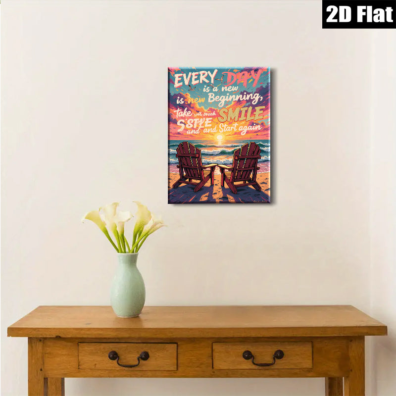 2D flat 1pc Coastal Beach Chairs Sunset Ocean View Wall Art Living Room Bedroom Decor Modern Farmhouse Gallery Wrapped Canvas Prints Ready to Hang Inspirational Home Décor