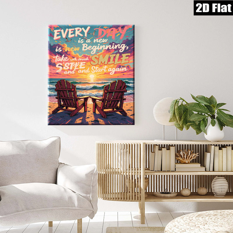 2D flat 1pc Coastal Beach Chairs Sunset Ocean View Wall Art Living Room Bedroom Decor Modern Farmhouse Gallery Wrapped Canvas Prints Ready to Hang Inspirational Home Décor