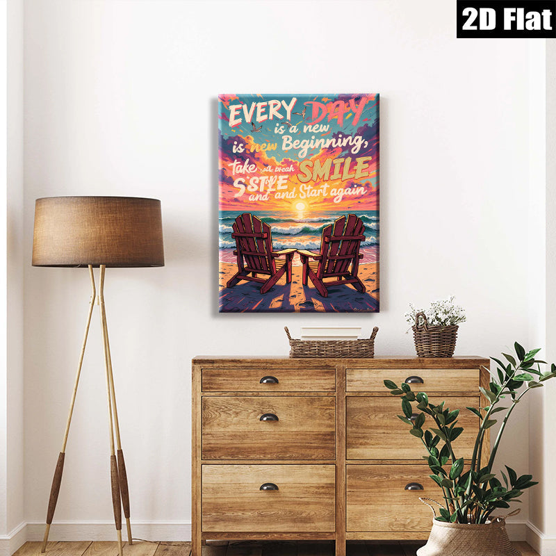 2D flat 1pc Coastal Beach Chairs Sunset Ocean View Wall Art Living Room Bedroom Decor Modern Farmhouse Gallery Wrapped Canvas Prints Ready to Hang Inspirational Home Décor