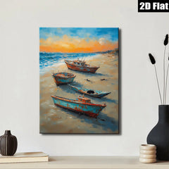 2D flat 1pc Coastal Beach Fishing Boats Sunset Ocean Wall Art Living Room Bedroom Decor Gallery Wrapped Canvas Prints Modern Farmhouse Rustic Chic
