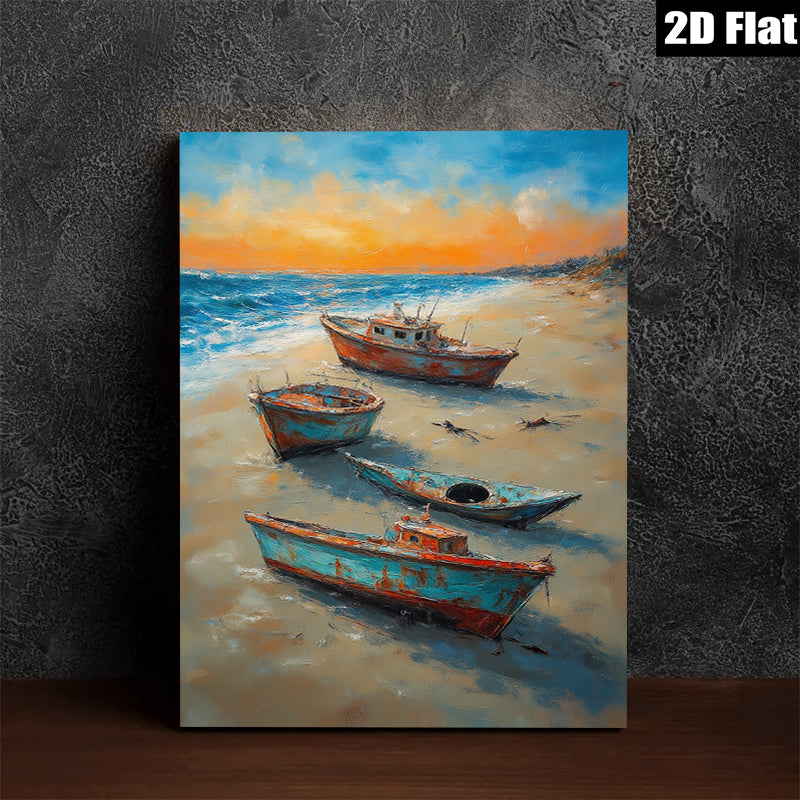 2D flat 1pc Coastal Beach Fishing Boats Sunset Ocean Wall Art Living Room Bedroom Decor Gallery Wrapped Canvas Prints Modern Farmhouse Rustic Chic
