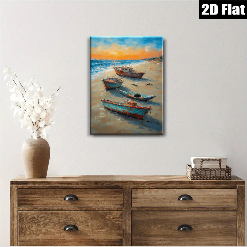 2D flat 1pc Coastal Beach Fishing Boats Sunset Ocean Wall Art Living Room Bedroom Decor Gallery Wrapped Canvas Prints Modern Farmhouse Rustic Chic