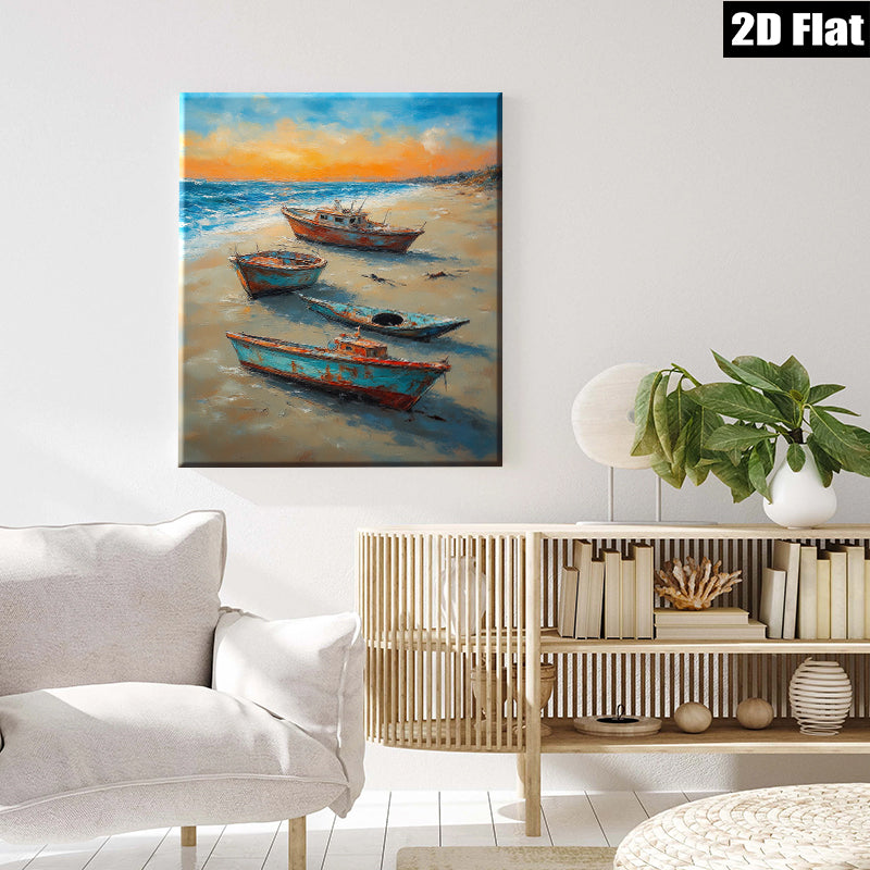 2D flat 1pc Coastal Beach Fishing Boats Sunset Ocean Wall Art Living Room Bedroom Decor Gallery Wrapped Canvas Prints Modern Farmhouse Rustic Chic