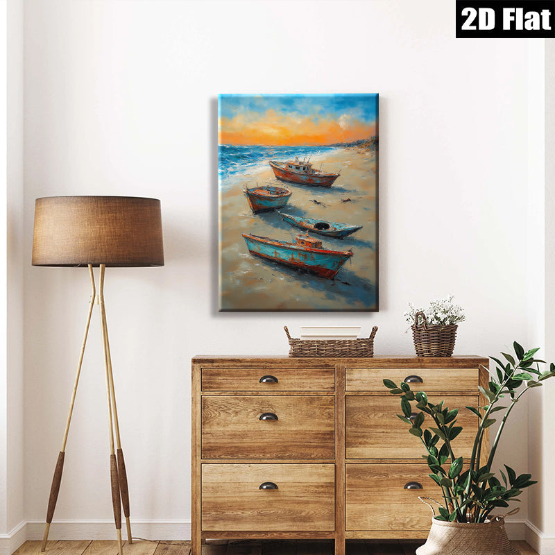 2D flat 1pc Coastal Beach Fishing Boats Sunset Ocean Wall Art Living Room Bedroom Decor Gallery Wrapped Canvas Prints Modern Farmhouse Rustic Chic