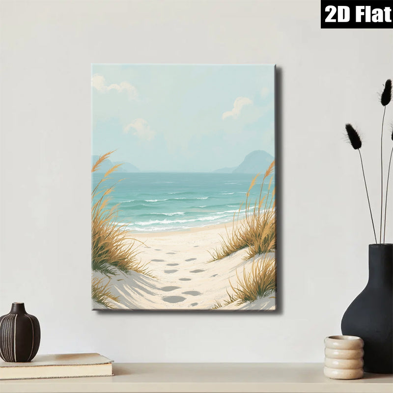 2D flat 1pc Coastal Beach Footprints Serene Ocean View Living Room Bedroom Wall Decor Farmhouse Style Modern Art Canvas Prints Inspirational Gift Ideas
