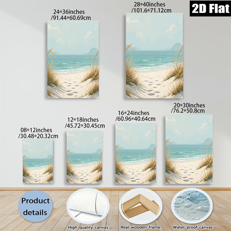 2D flat 1pc Coastal Beach Footprints Serene Ocean View Living Room Bedroom Wall Decor Farmhouse Style Modern Art Canvas Prints Inspirational Gift Ideas