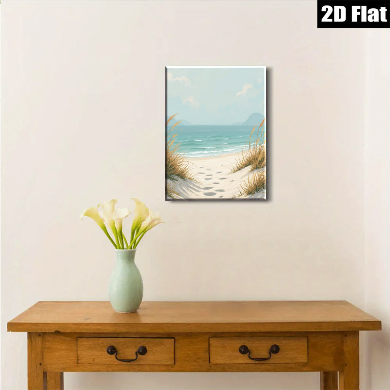 2D flat 1pc Coastal Beach Footprints Serene Ocean View Living Room Bedroom Wall Decor Farmhouse Style Modern Art Canvas Prints Inspirational Gift Ideas