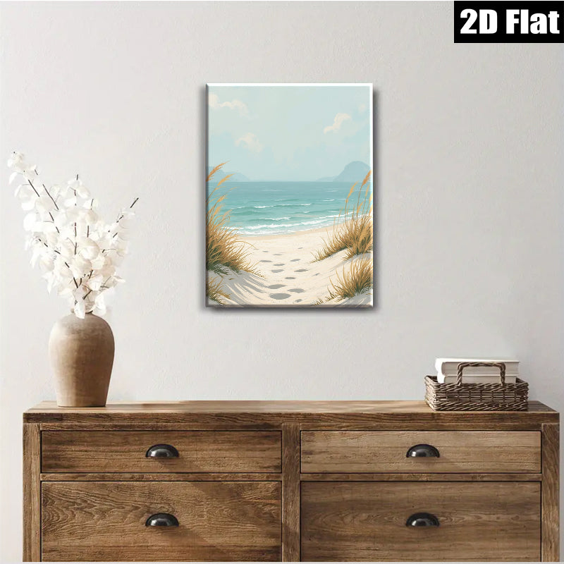 2D flat 1pc Coastal Beach Footprints Serene Ocean View Living Room Bedroom Wall Decor Farmhouse Style Modern Art Canvas Prints Inspirational Gift Ideas