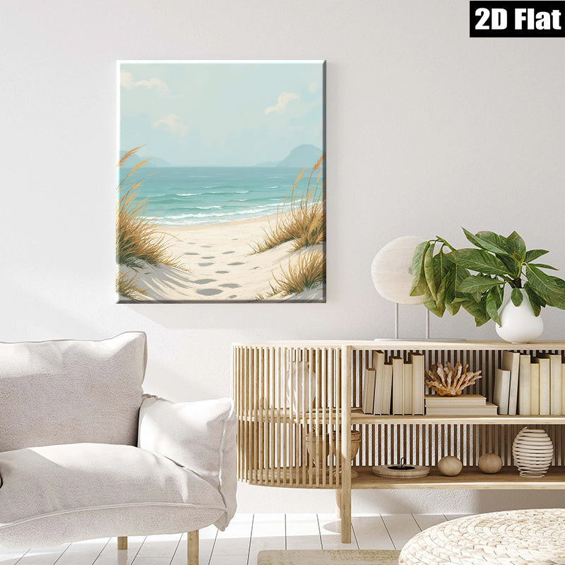 2D flat 1pc Coastal Beach Footprints Serene Ocean View Living Room Bedroom Wall Decor Farmhouse Style Modern Art Canvas Prints Inspirational Gift Ideas