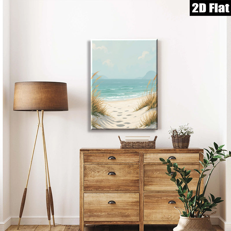 2D flat 1pc Coastal Beach Footprints Serene Ocean View Living Room Bedroom Wall Decor Farmhouse Style Modern Art Canvas Prints Inspirational Gift Ideas